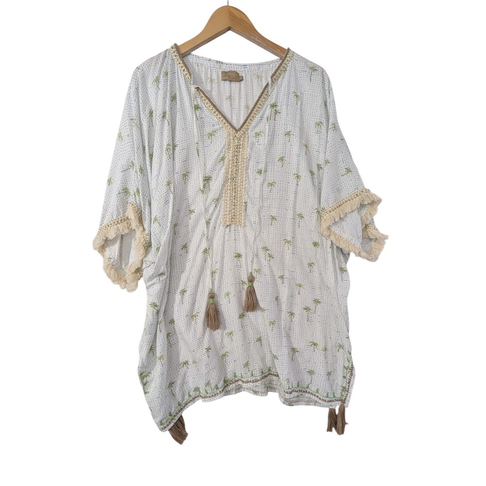 Skemo Cover Up Tunic Womens M‎ Palm Trees Tassels Beaded Beach Pool Vaca Resort